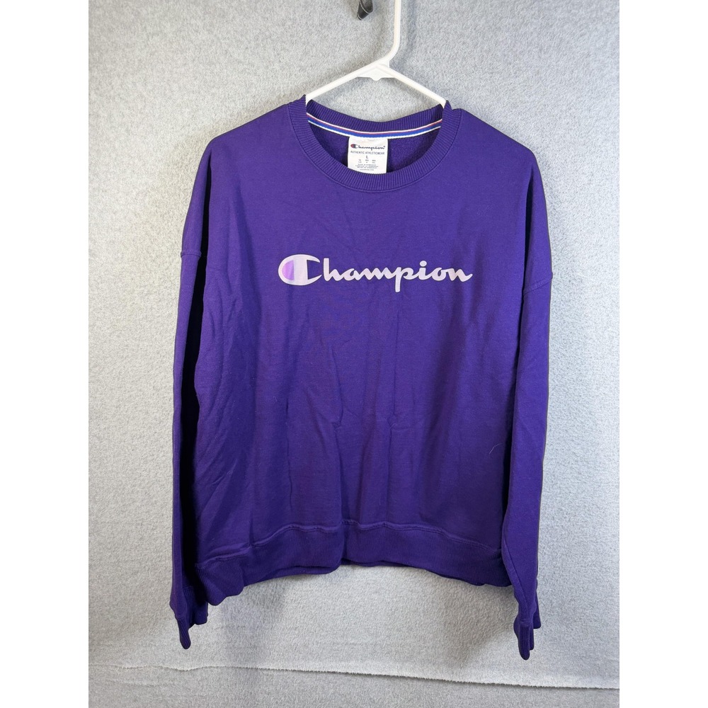 Champion Sweatshirt Mens Large Purple Pullover Fleece Crewneck Spell Out Logo